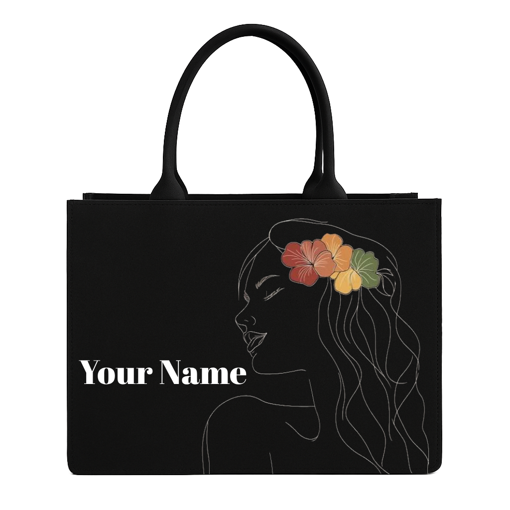 Black tote bag with a silhouette of a woman with flowers in her hair and 'Your Name' text.