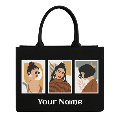 Black tote bag with illustrations of three women and 'Your Name' text on a white background