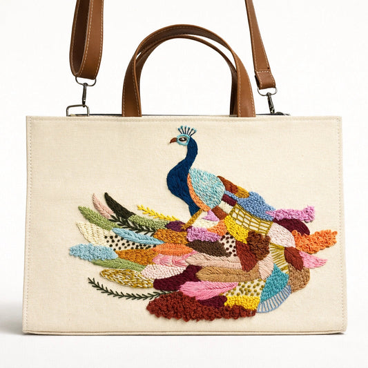 Tote bag with a colorful peacock design on a white background