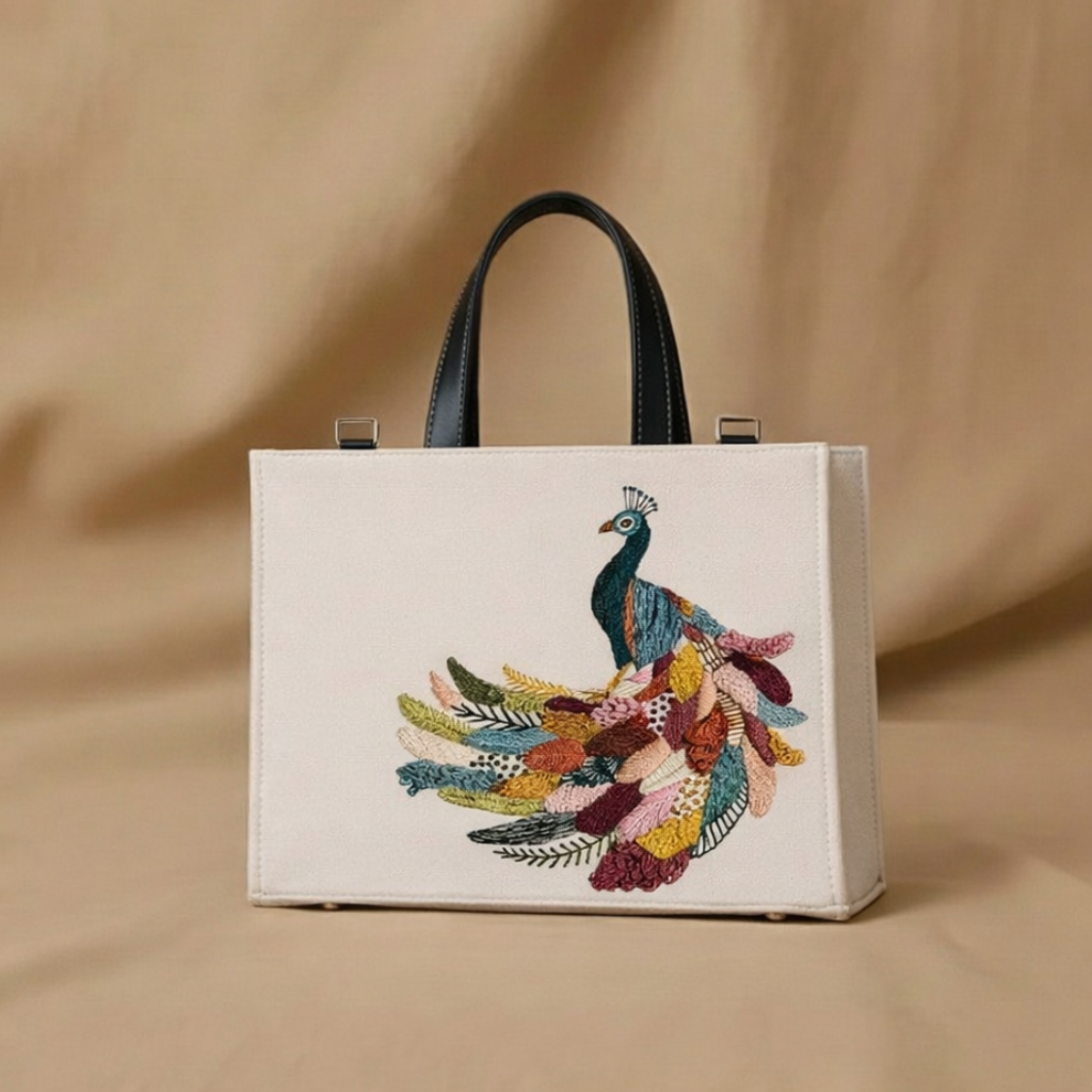 Handbag with peacock embroidery on a beige background