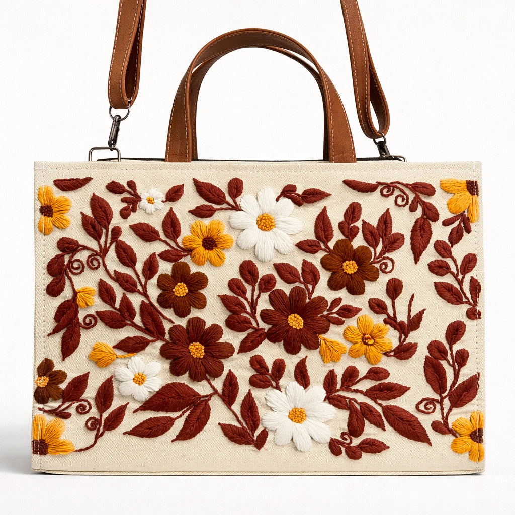 Handbag with floral embroidery design on a white background